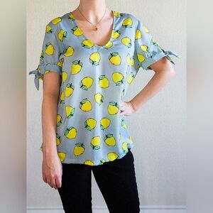 Modcloth Blue Lemon Short Sleeve Blouse, Size L